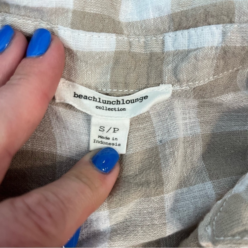 Beachlunchlounge white tan checkered gingham linen cotton shirt tie front size S - Picture 3 of 5